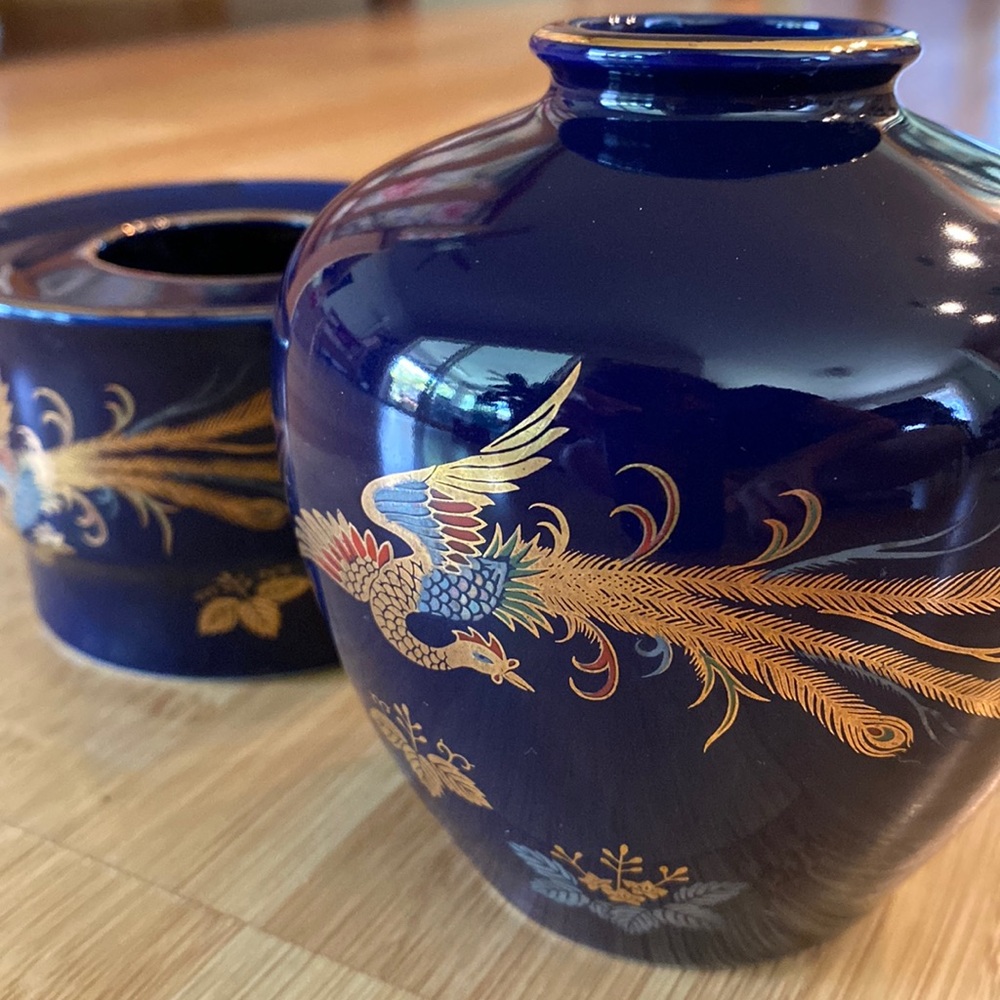 Vintage Japanese Cobalt Blue Porcelain Vase & Dish – Golden Phoenix Bird Design